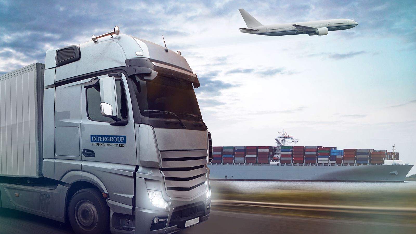 Intergroup Shipping truck with a cargo ship and plane behind
